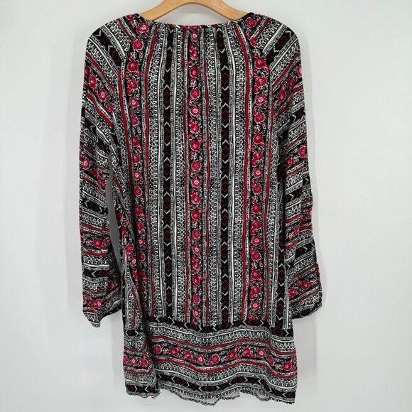 Express Womens Tunic Top size Medium Boho Floral Black red Print V Neck rayon - Picture 8 of 10
